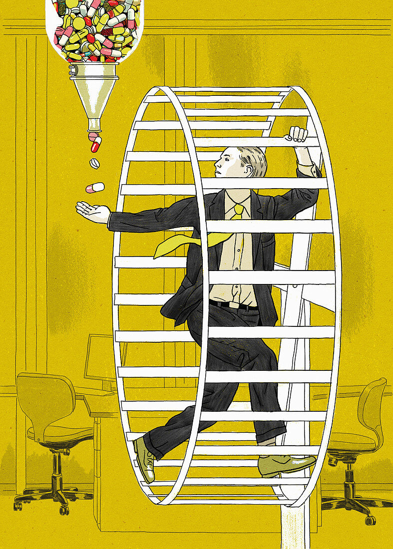 Businessman in hamster wheel taking pills, illustration