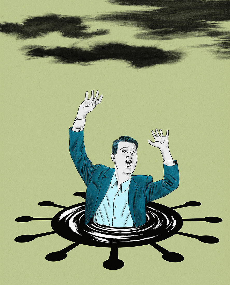 Businessman drowning in coronavirus puddle, illustration