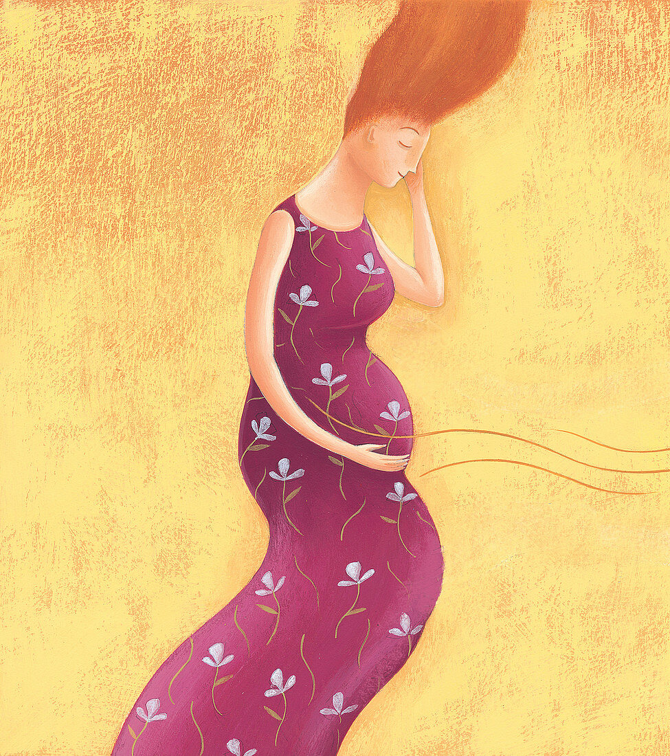 Pregnant woman with eyes closed, illustration