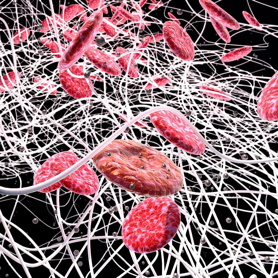Iron nanoparticles in blood, conceptual illustration