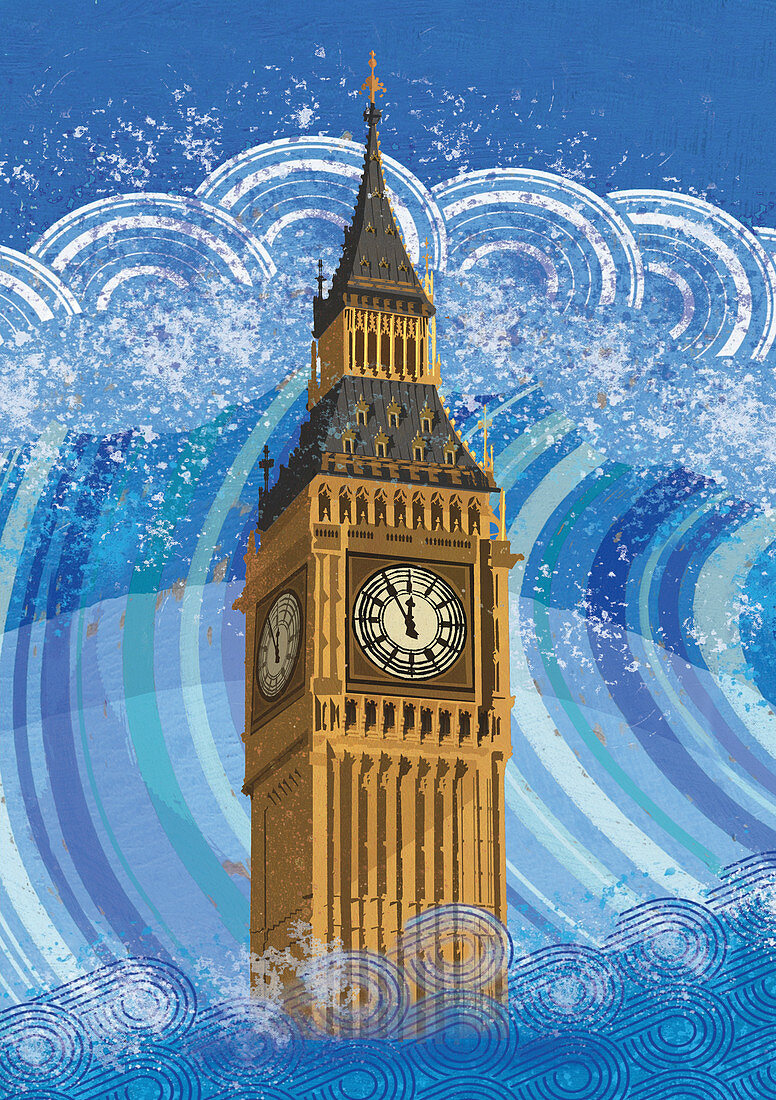 Big Ben submerged in rising flood water, illustration