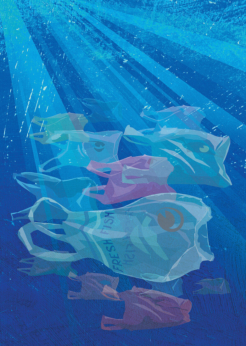 Shoal of plastic bags, illustration