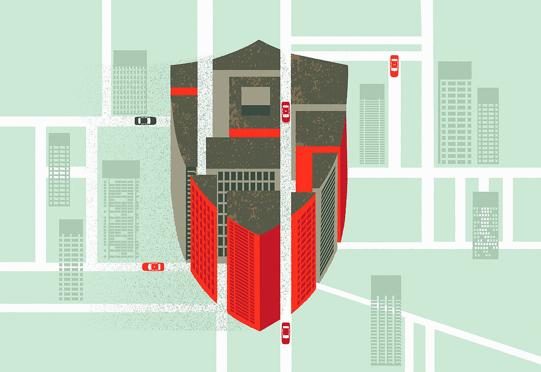 Building forming shield in city, illustration