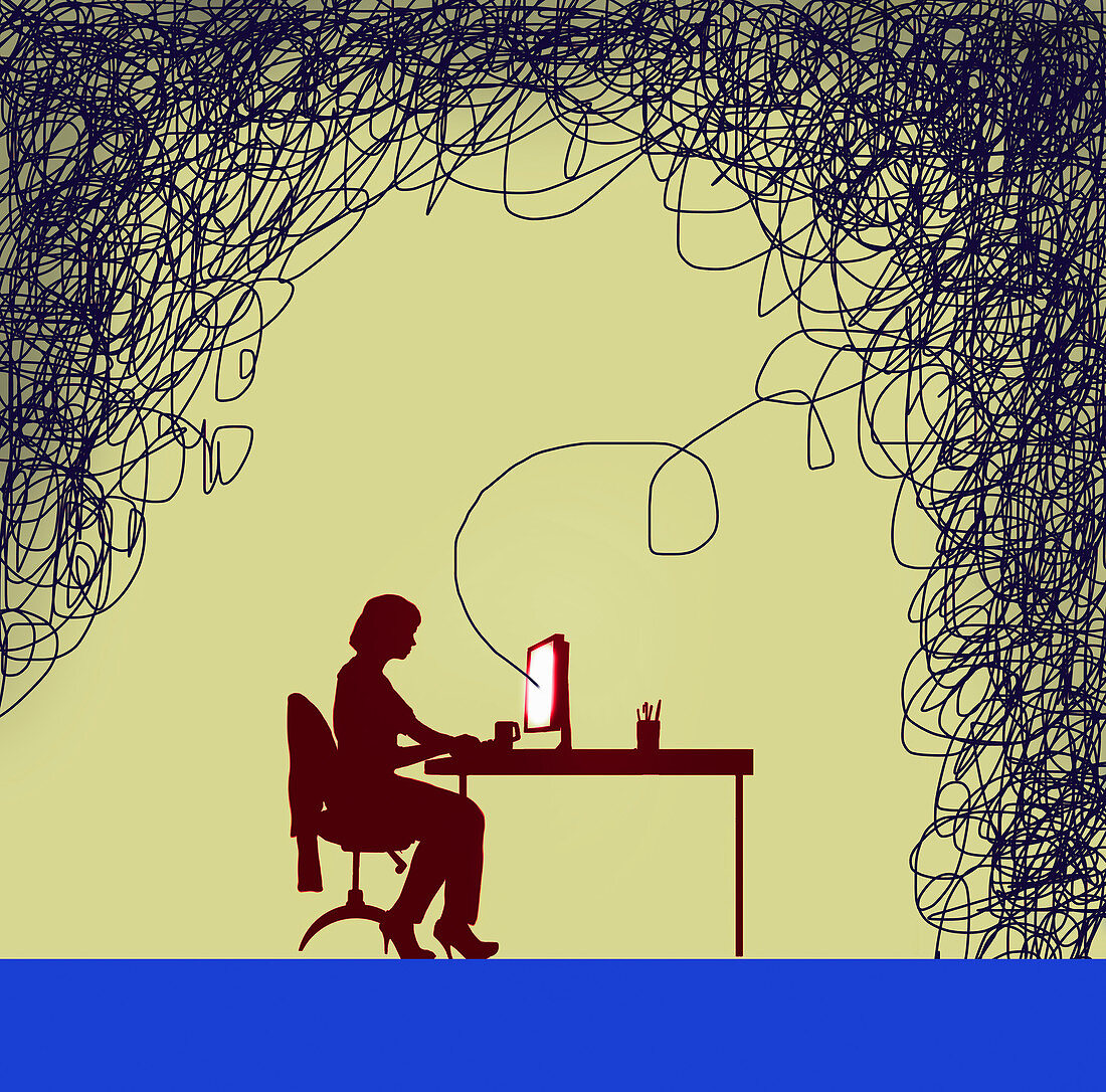 Woman on computer linked to tangled line, illustration