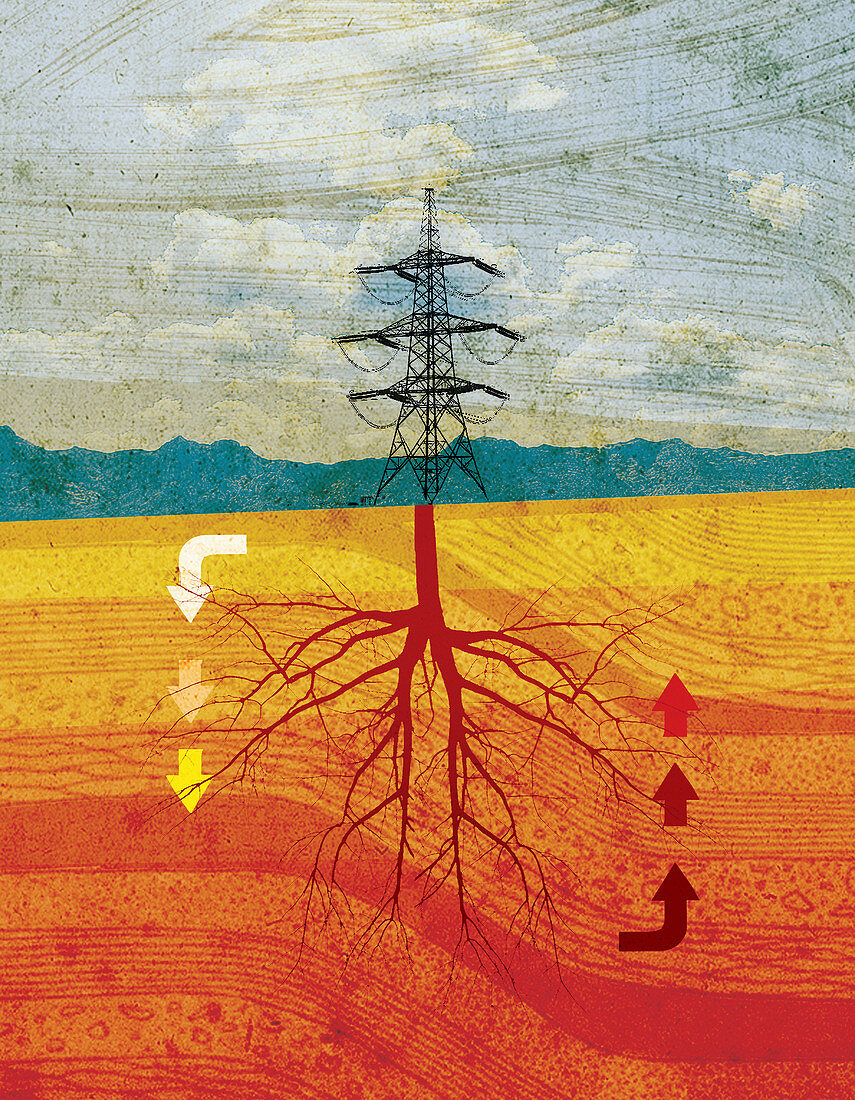 Electricity pylon with tree roots, illustration
