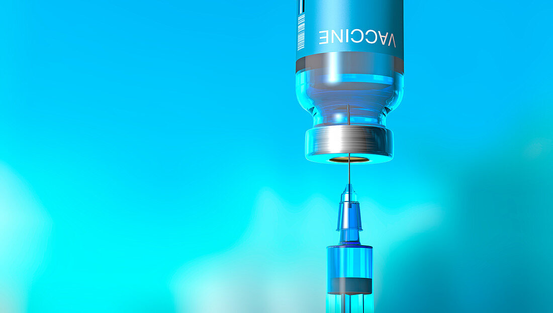 Syringe pulling vaccine from ampoule, illustration