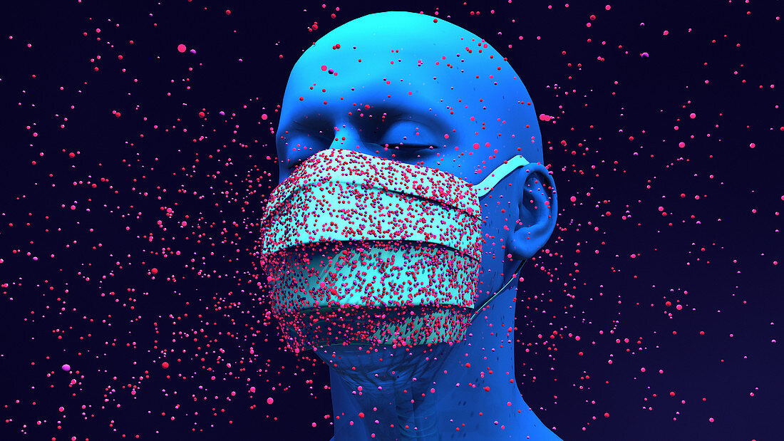 Face mask and virus particles, illustration
