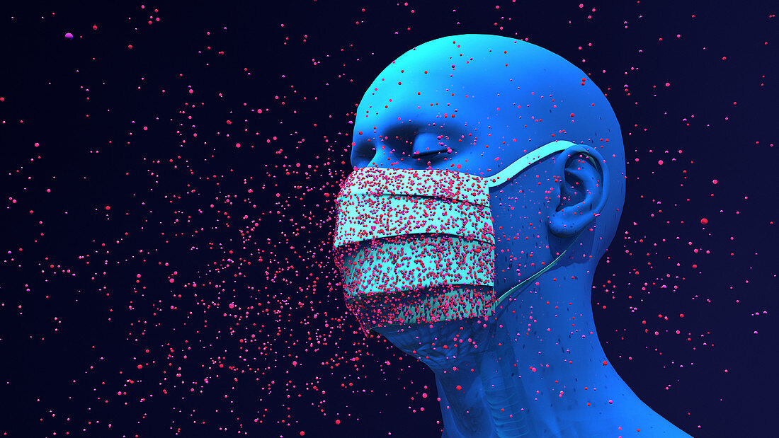 Face mask and virus particles, illustration