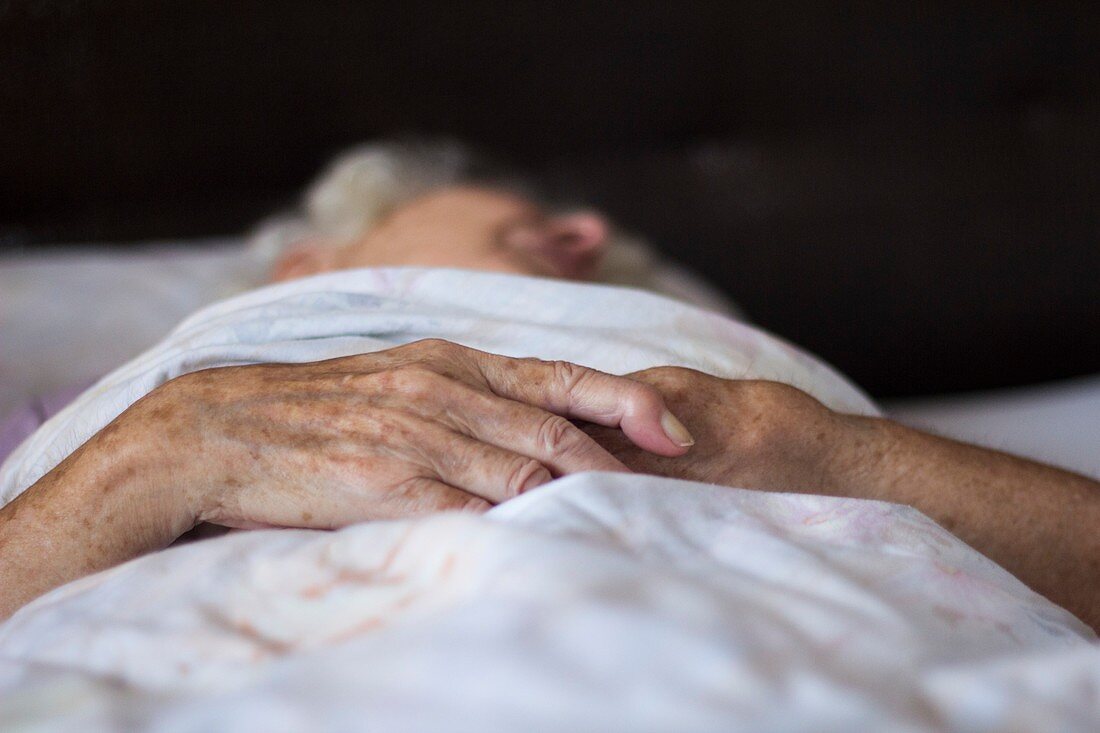 Elderly woman's folded hands