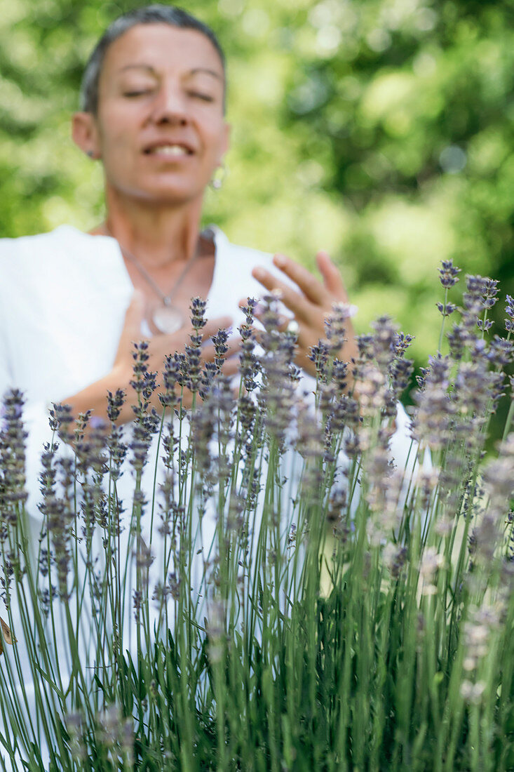 Breathing exercise in a lavender field