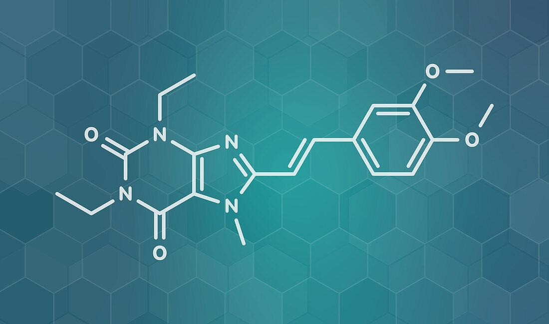 Istradefylline drug molecule, illustration