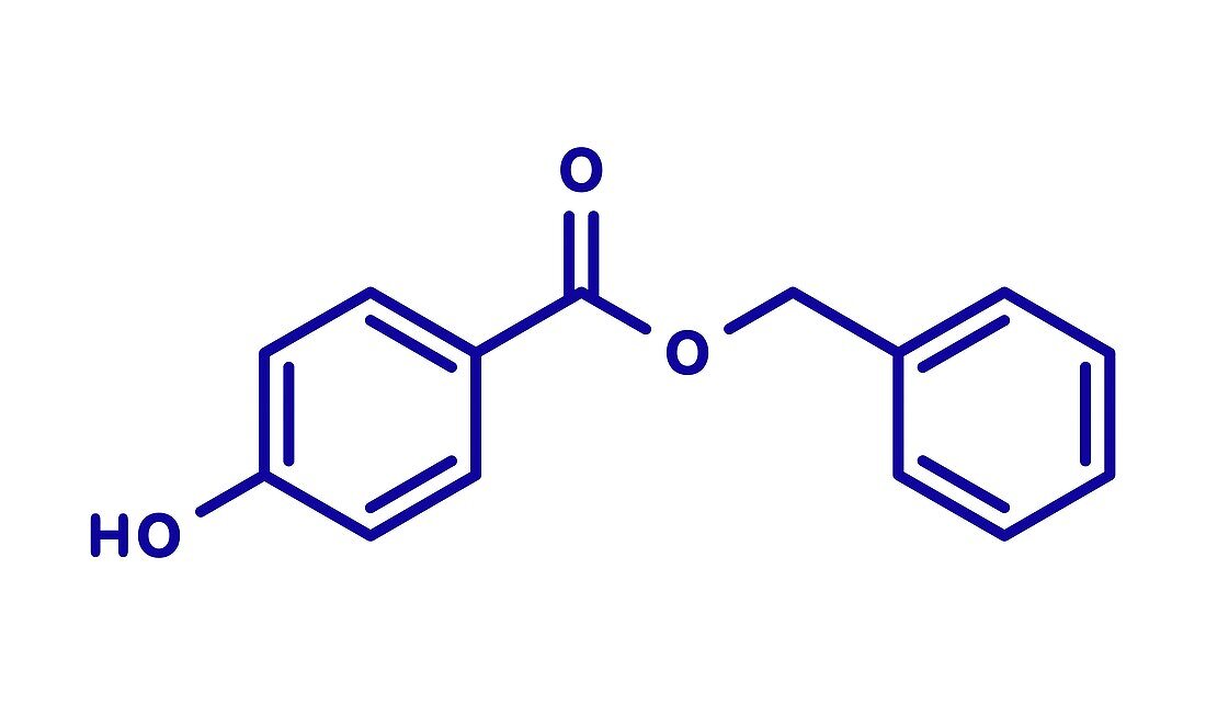 Benzyl paraben preservative molecule, illustration