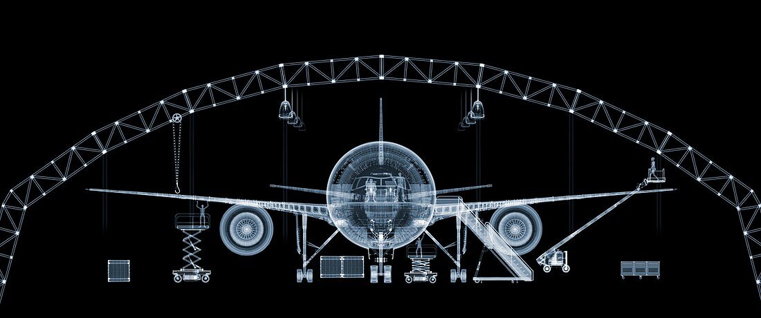 Plane in hanger, X-ray