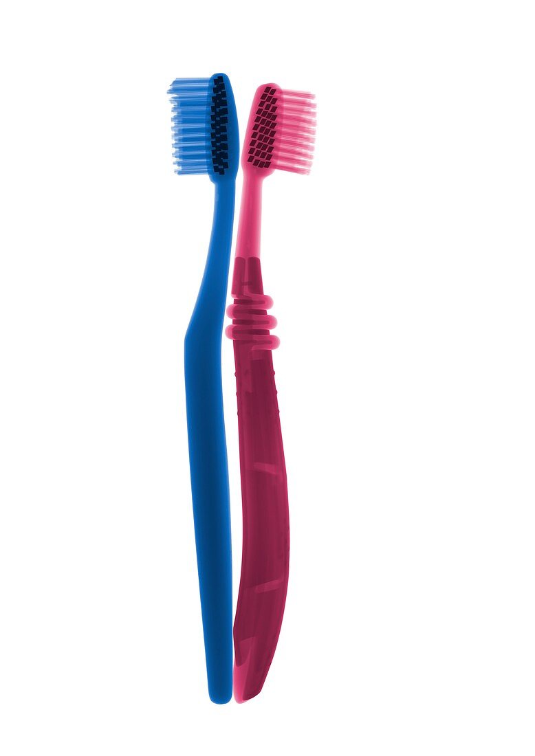 Pink and blue toothbrushes, X-ray