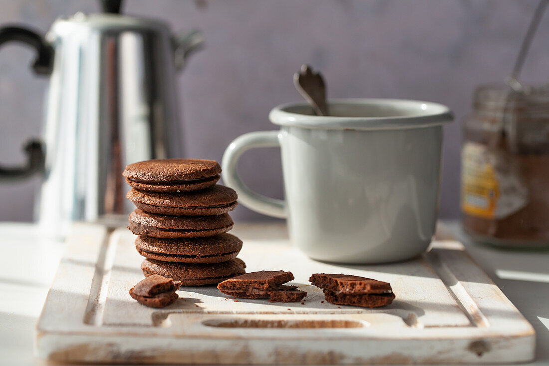 Chocolate cookies with cream filling, stacked