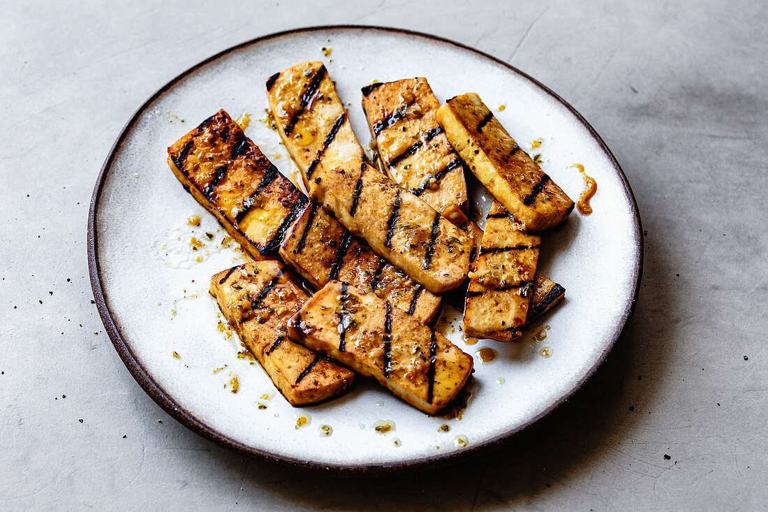 Pieces of grilled marinated tofu