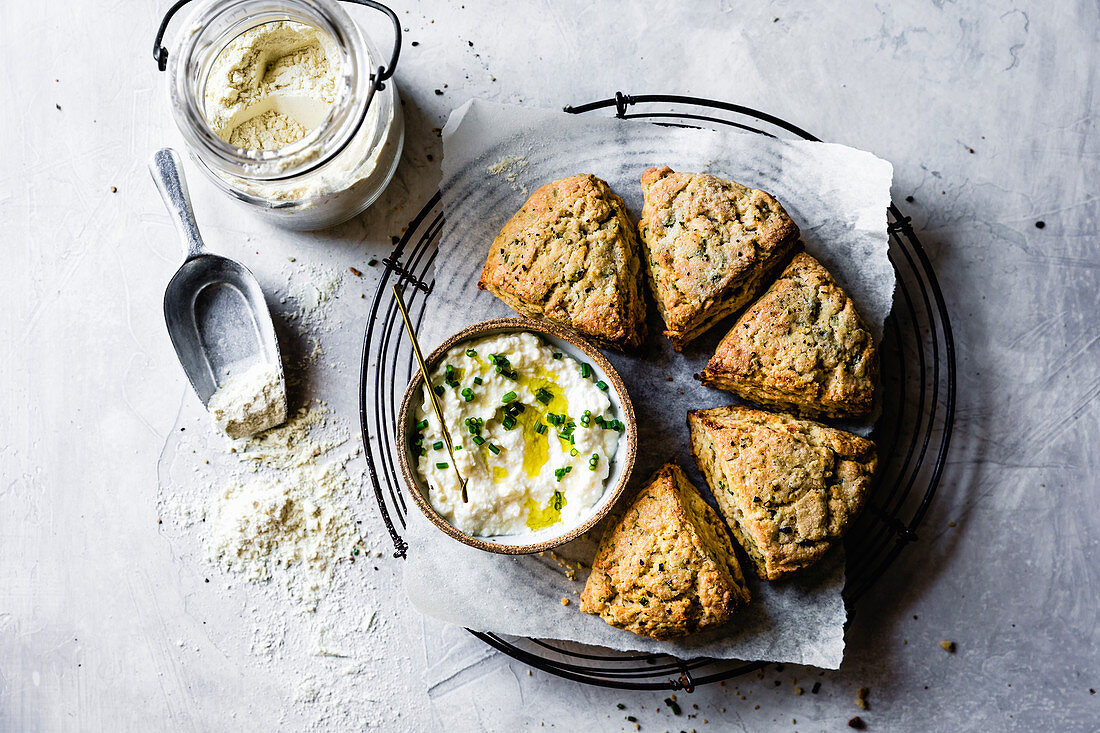 Herb and cheese scones with garlic dip