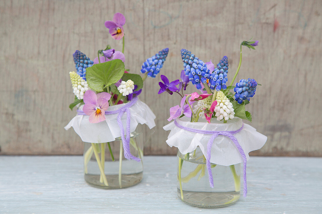 Spring posies in jam jars