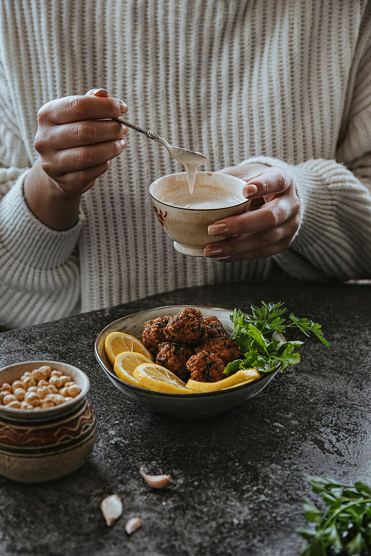 Homemade Falafel with Yogurt and Tahini Sauce