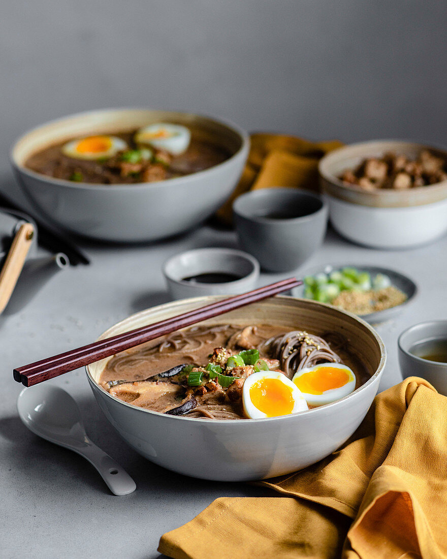 Miso-Suppe mit Nudeln, Frühlingszwiebeln und Ei (Japan)