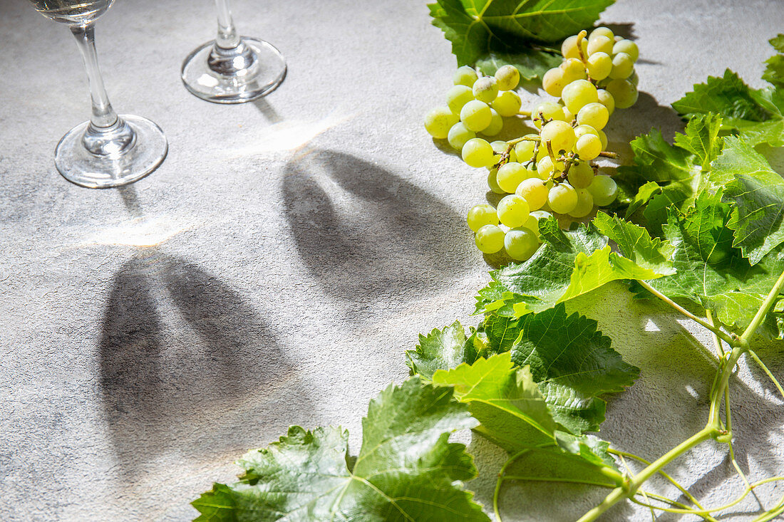 Stillleben mit Weingläsern, grünen Weintrauben und Weintraubenblättern
