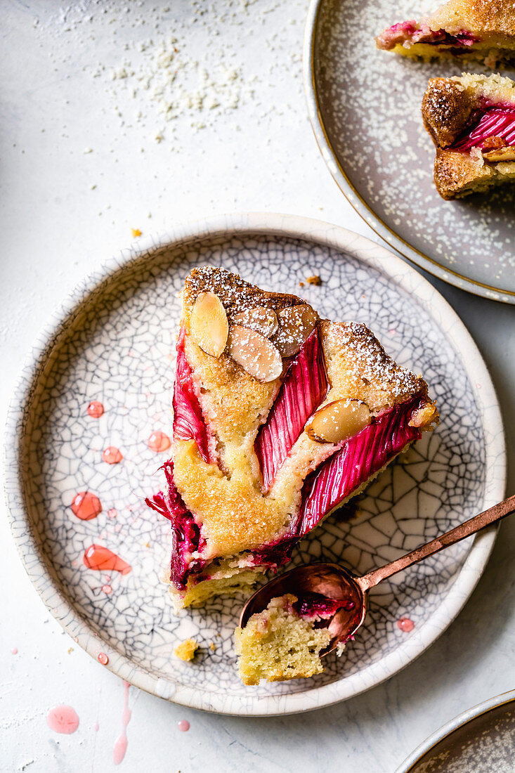 Serving of rhubard cake closeup.