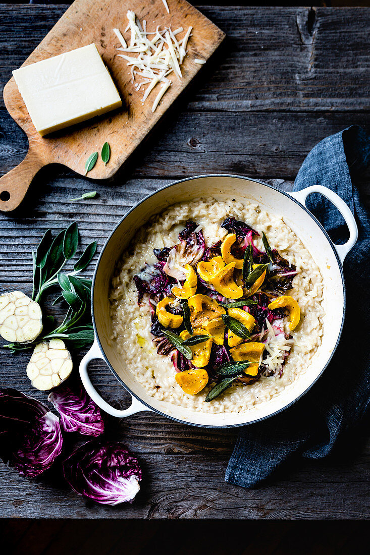 Risotto with roasted delicata squash, radicchio and cheese.