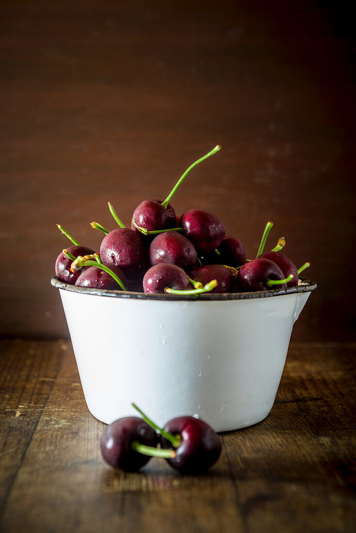 Cherries in Enamel Bowl