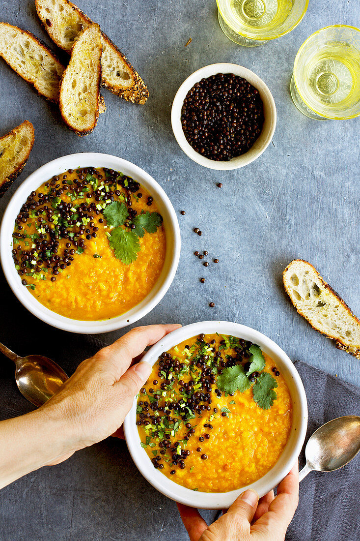 Yellow Moong Dal Soup with Crispy Black Lentils