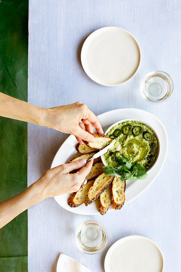 Roasted Jalapeno Cilantro Manchego Pesto with Crostini