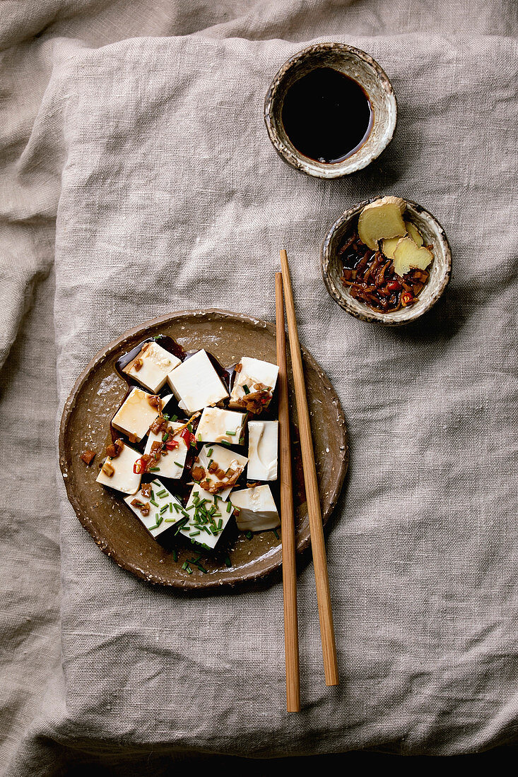 Cubed silk tofu with chilli, ginger, chives and soy sauce (Japan)