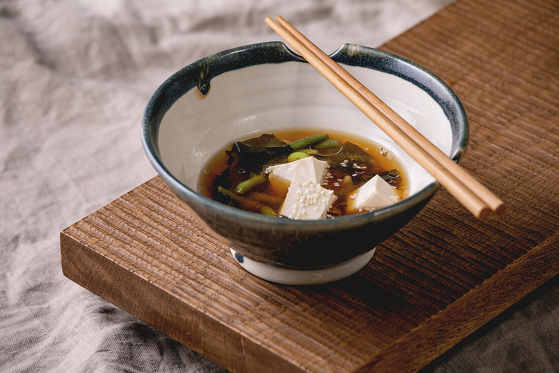 Miso soup with tofu, edamame and green beans (Japan)