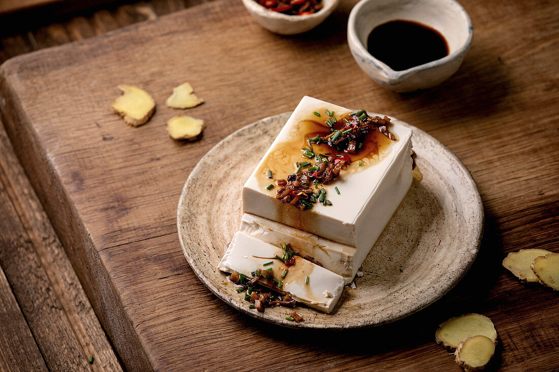 One-piece silk tofu with chilli, ginger, chives and soy sauce (Japan)