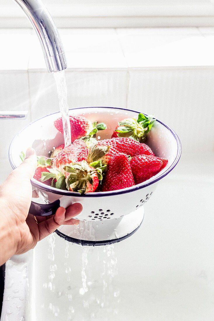 Lady washing strawberries under tap water