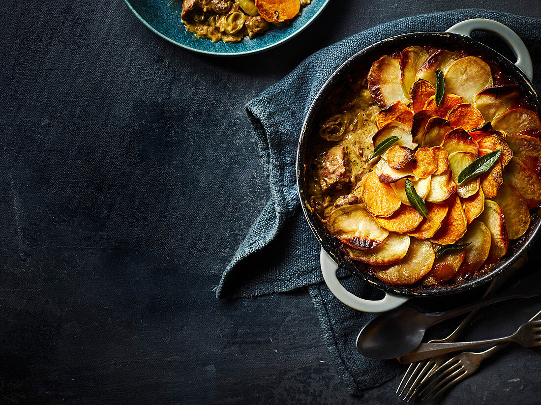 Slow cooked pork, cider and sage hotpot