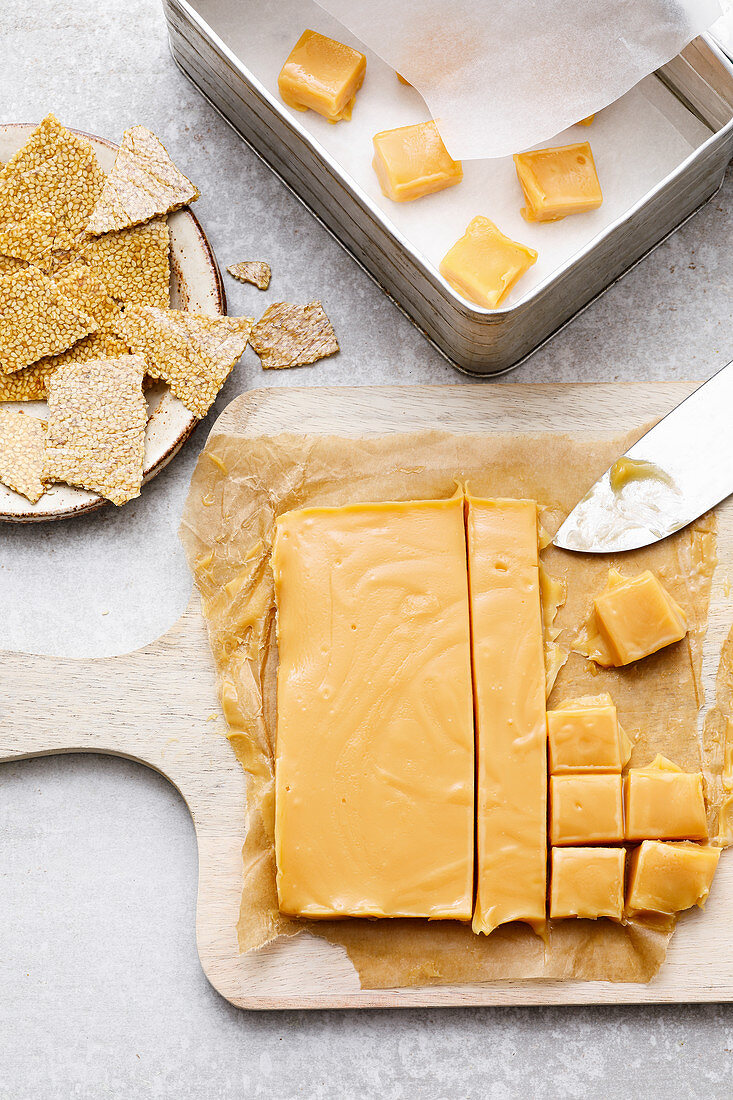 Homemade creamy caramel and sesame seed brittle