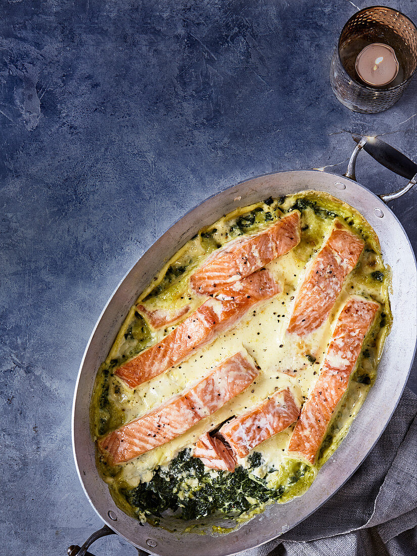 Swedish smoked salmon and spinach gratin