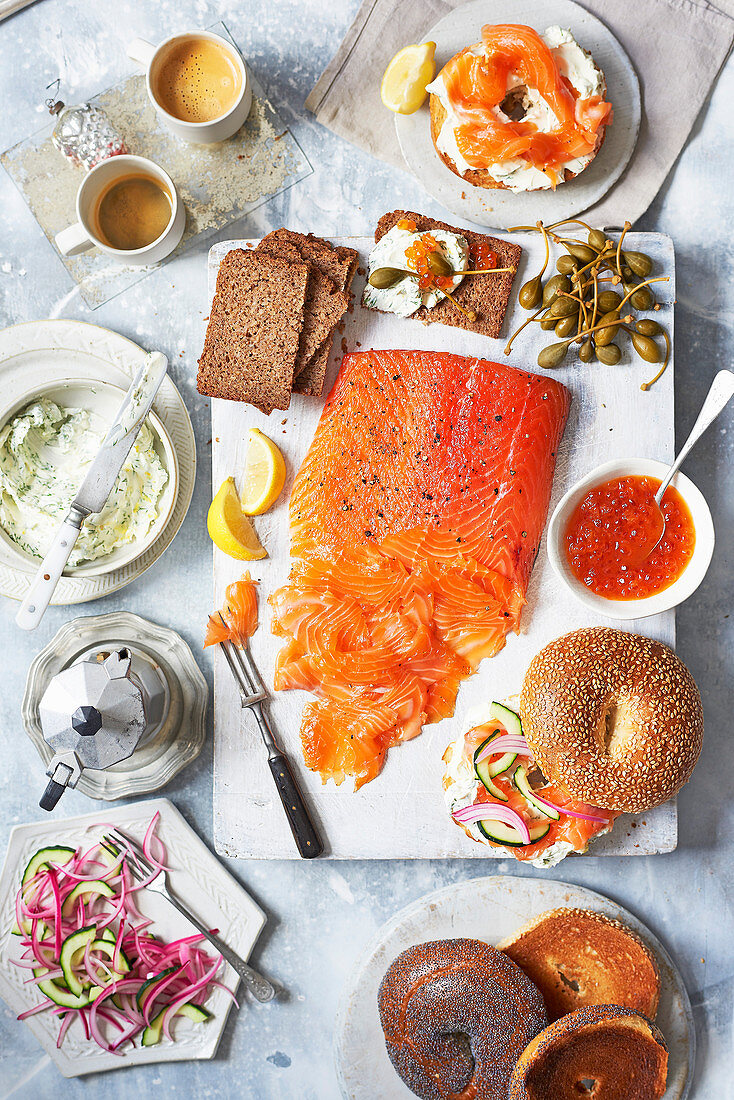 Brunch cured salmon, build-your-own bagel board
