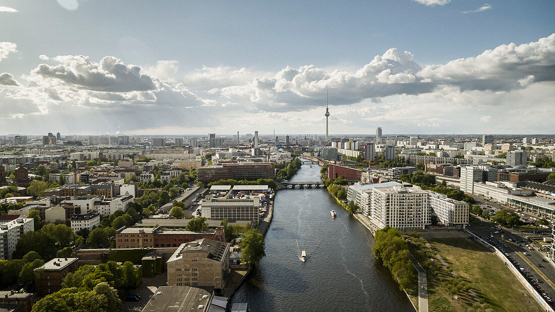 Sunny, scenic Berlin cityscape and Spree River, Germany