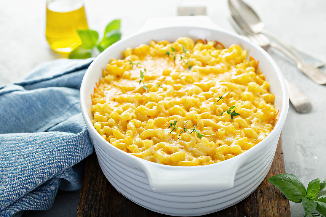 Baked mac and cheese in a large baking pan