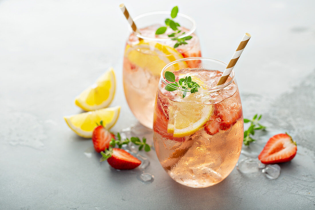 Strawberry lemon sparkling rose sangria cocktail