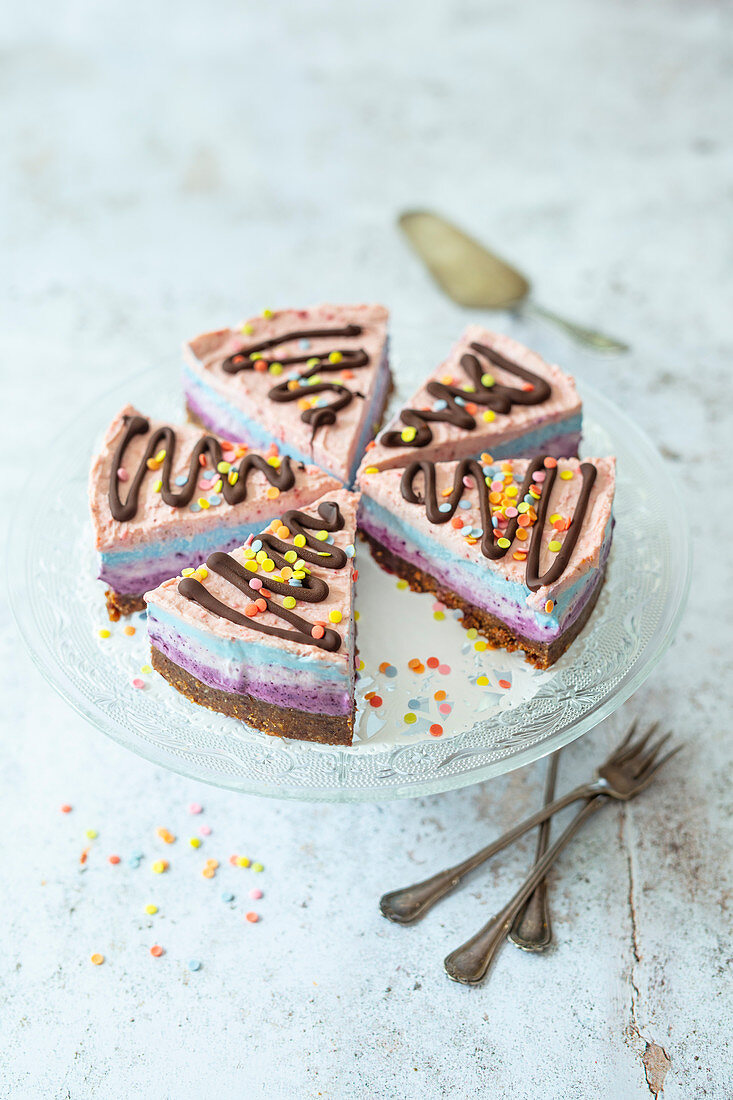 Vegan confetti cake (no bake cheesecake with colored fruit powder)