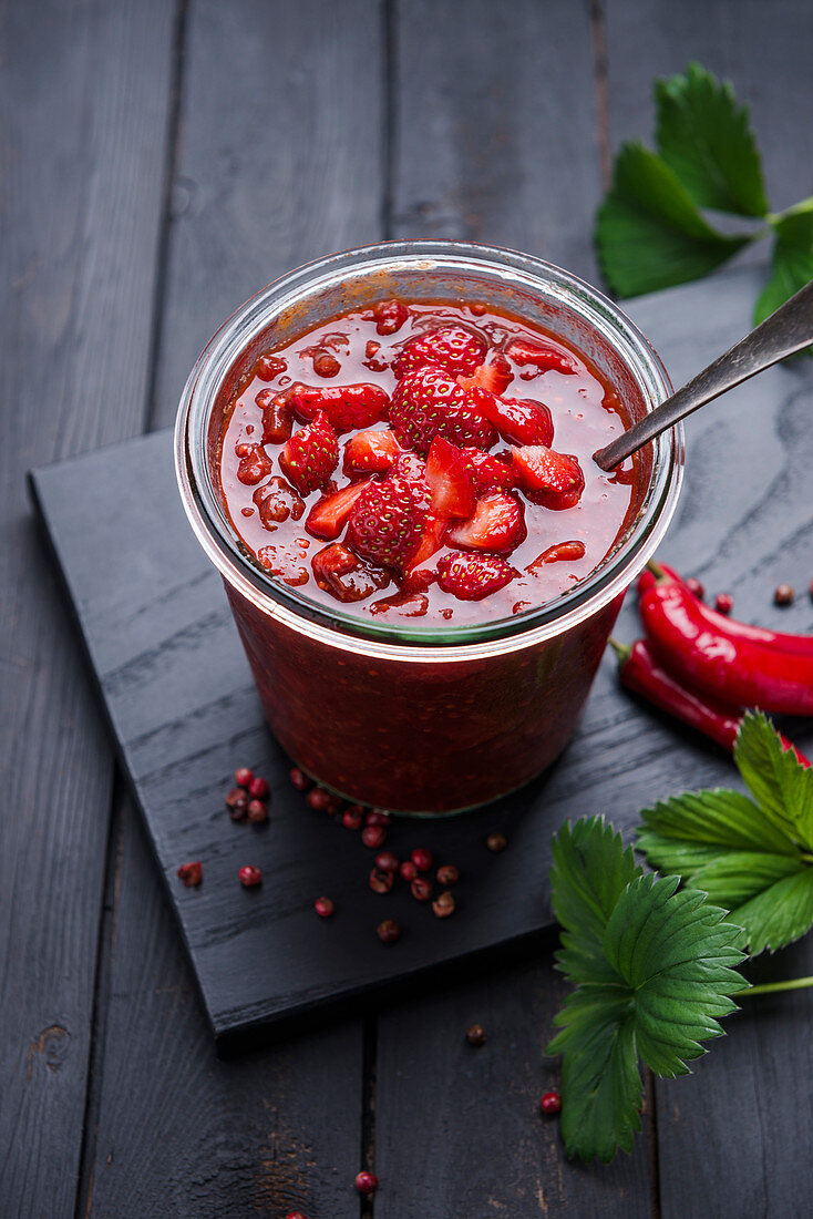 A jar of strawberry and chilli chutney