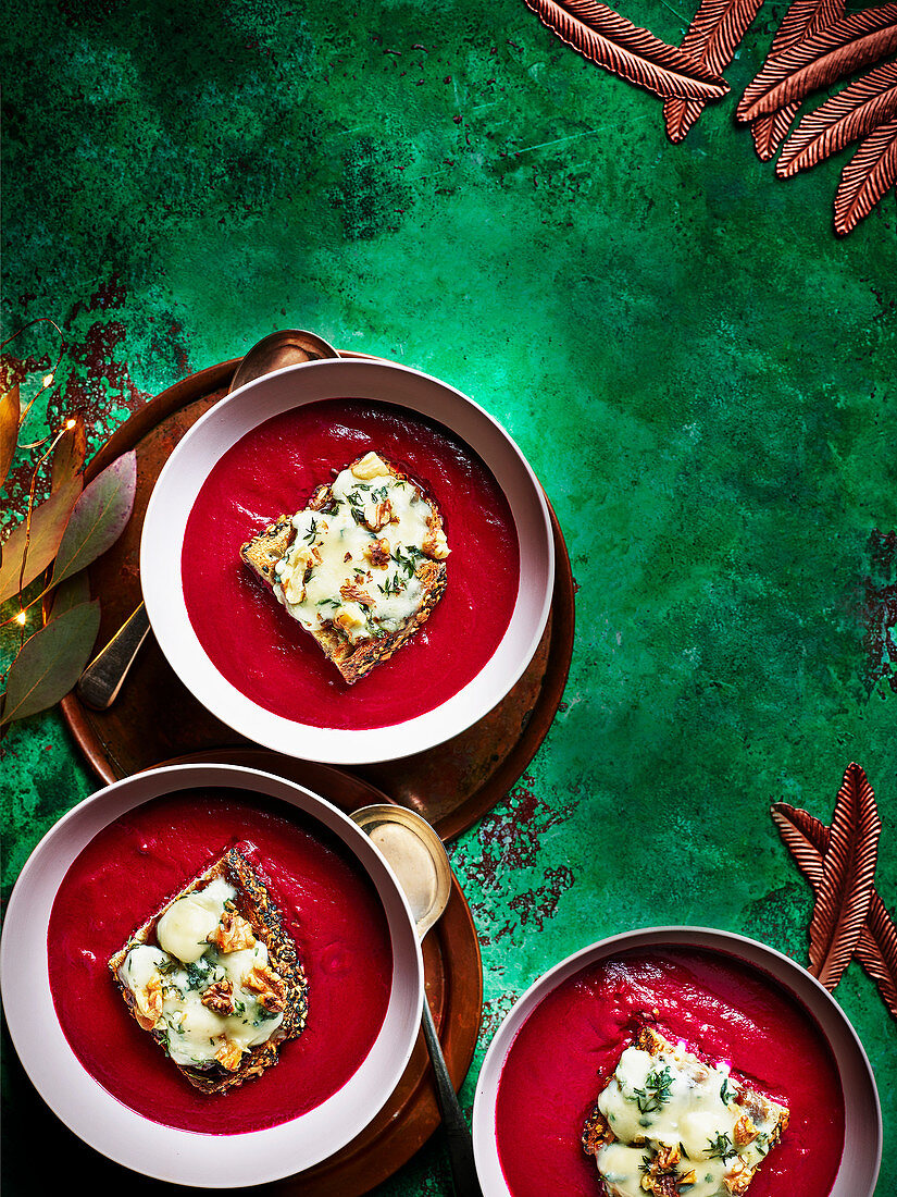 Roast beetroot soup with caramelised onion and blue cheese toasts