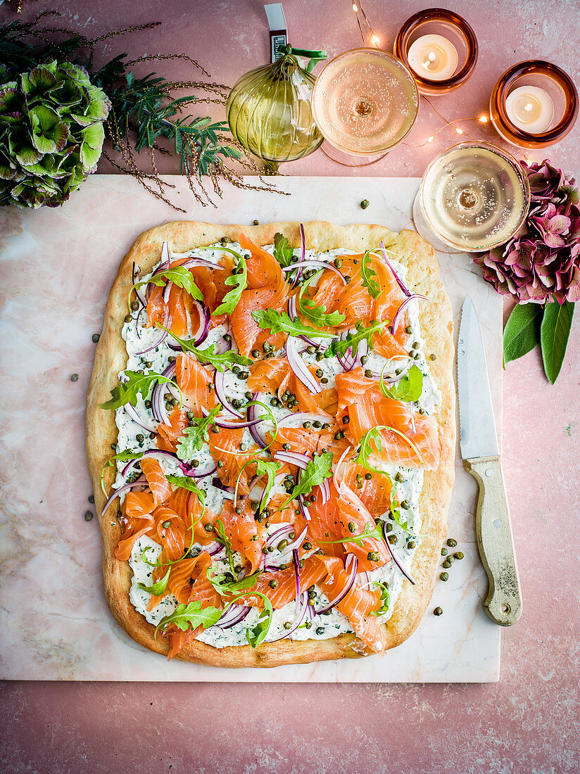 Smoked salmon focaccia with onion and capers