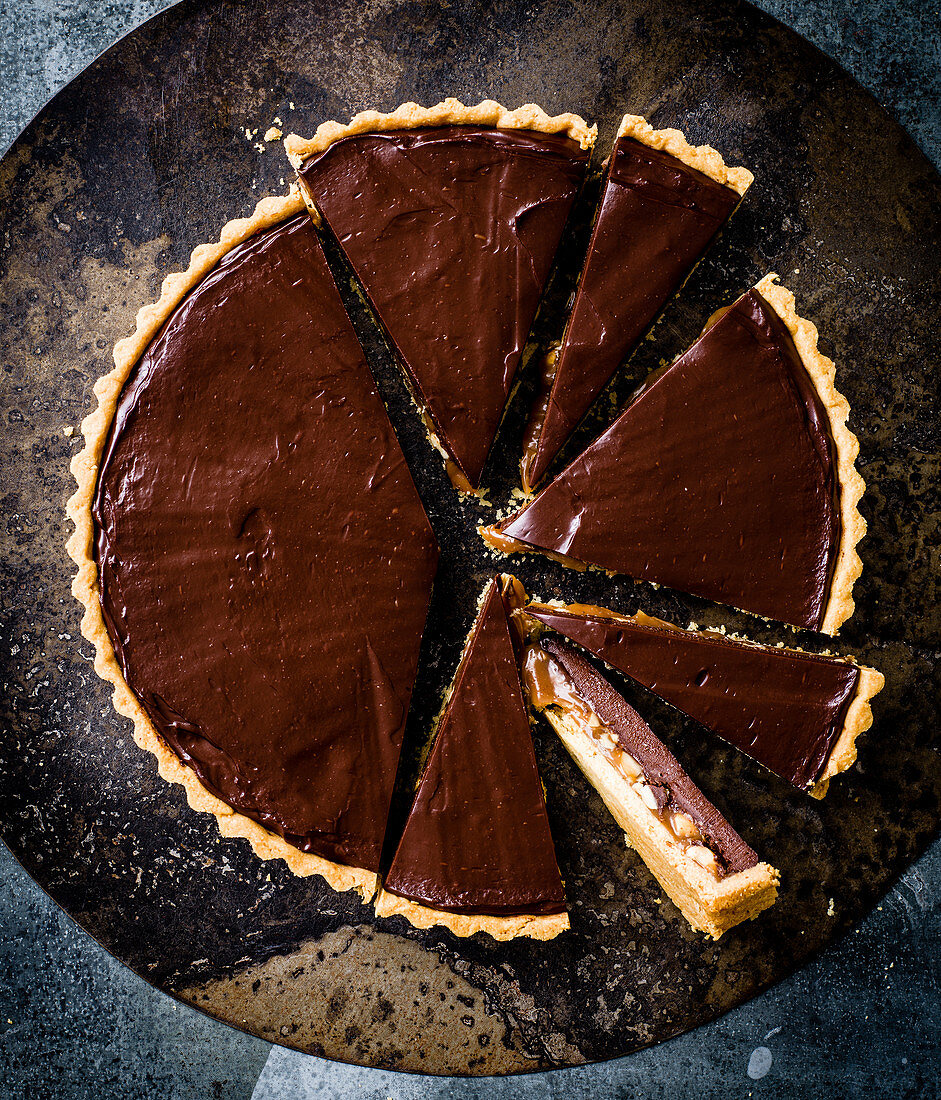 Slices of chocolate tart with caramel
