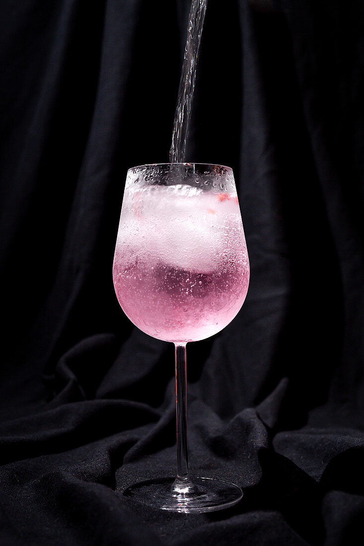 Gin tonic cocktail with pink tonic water, pink pepper, rosemary, mint, cinnamon, lemon and orange on dark background