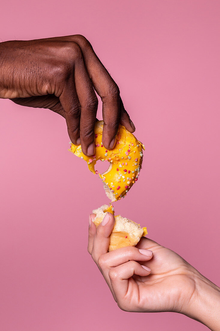 Crop hands of anonymous multiracial couple holding sweet bitten doughnuts on pink background