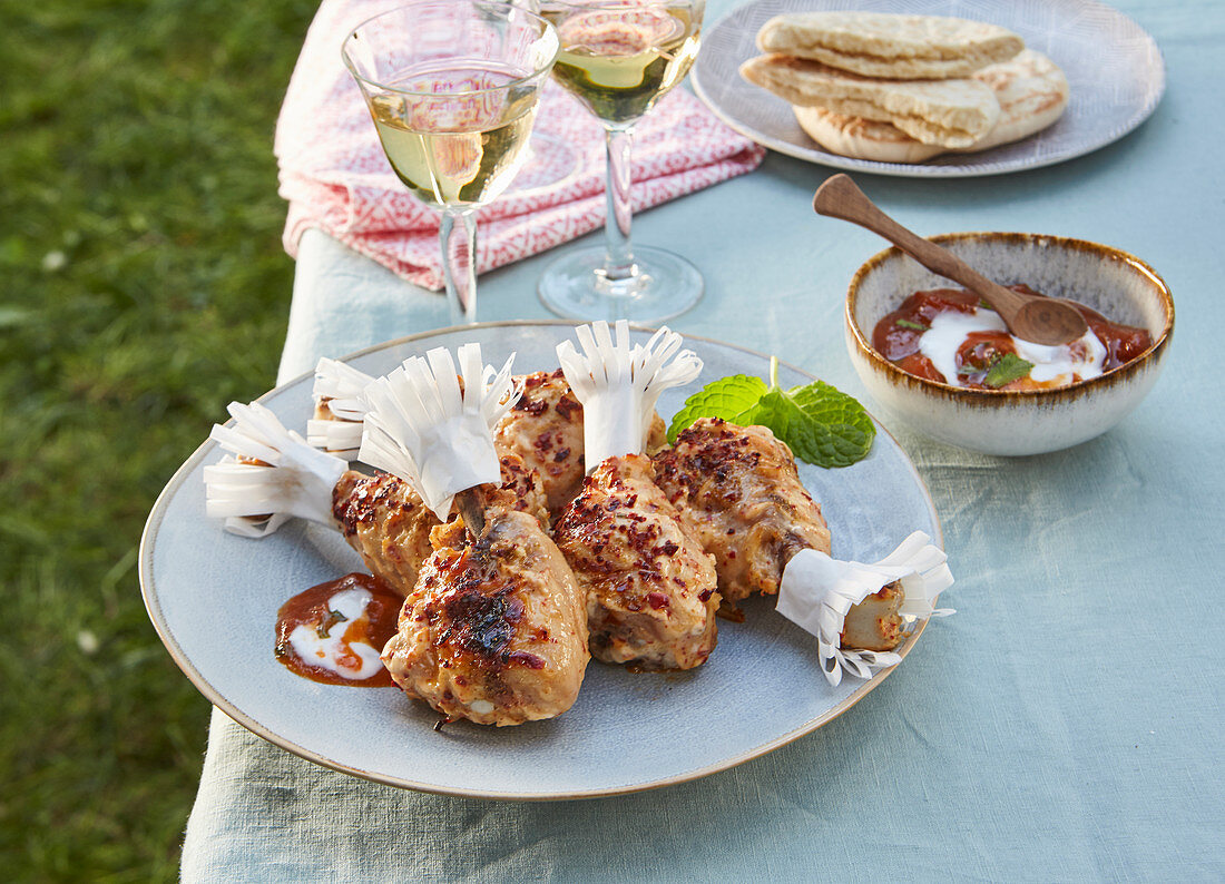 Herb chicken drumsticks with apricot dip