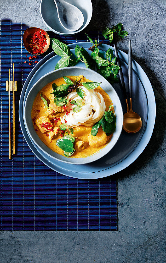 Thai chicken curry soup with noodles